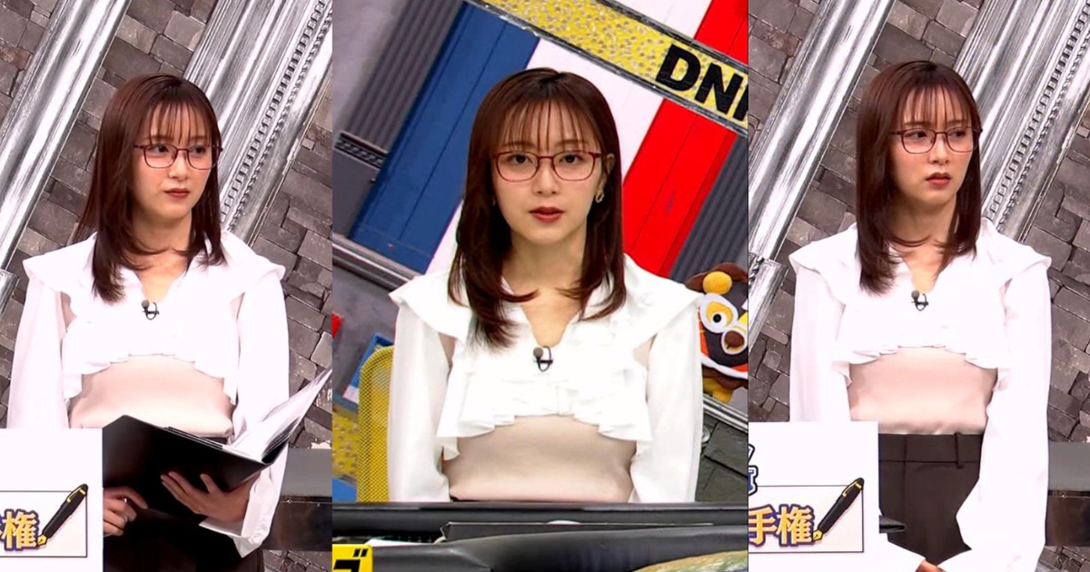 タイトな白ニットで魅惑のラインくっきりで可愛すぎる佐久間みなみアナ！メガネでニットで最高です！